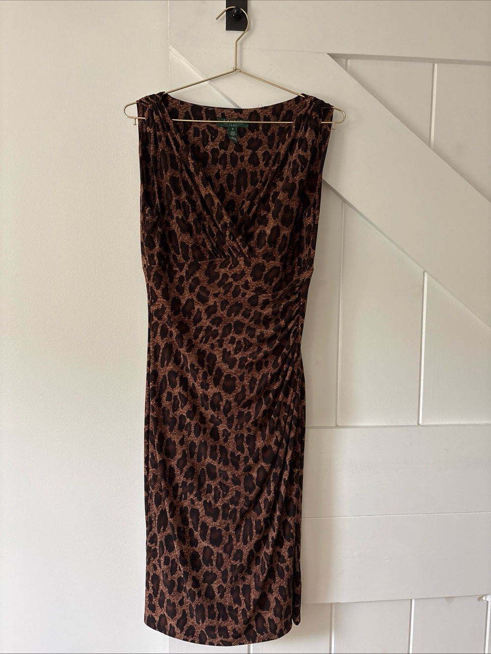 Lauren Ralph Lauren Sleeveless Leopard Print Faux Wrap Dress Side Ruching Size 6